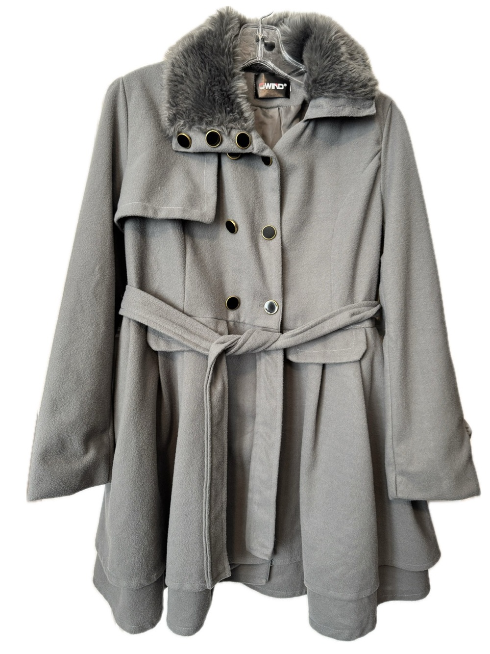 OWIND Faux Fur Collar Belted Gray Coat Black Button Peacoat Small